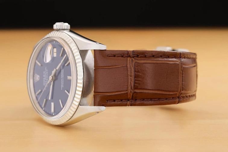 ROLEX MENS DATEJUST 1601 BLUE DIAL 18K WHITE GOLD STEEL WATCH w/ LEATHER BAND - 4
