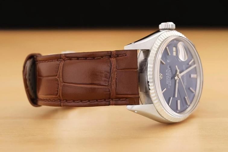 ROLEX MENS DATEJUST 1601 BLUE DIAL 18K WHITE GOLD STEEL WATCH w/ LEATHER BAND - 7