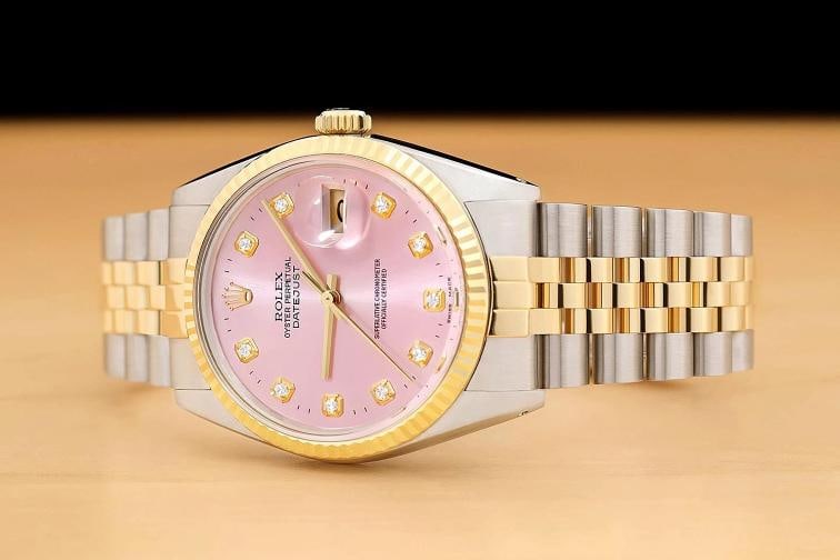 ROLEX MENS DATEJUST 16013 PINK DIAMOND 18K YELLOW GOLD STAINLESS STEEL WATCH - 2