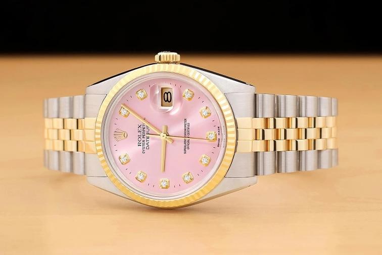 ROLEX MENS DATEJUST 16013 PINK DIAMOND 18K YELLOW GOLD STAINLESS STEEL WATCH - 3