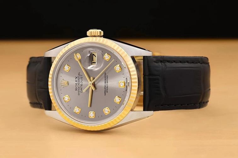 ROLEX MENS DATEJUST 16013 18K GOLD STEEL GRAY DIAMOND WATCH w/ LEATHER BAND - 2