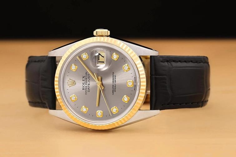 ROLEX MENS DATEJUST 16013 18K GOLD STEEL GRAY DIAMOND WATCH w/ LEATHER BAND - 3