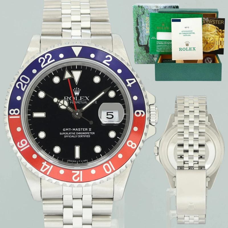 PAPERS MINT Rolex GMT-Master II 2 Pepsi Blue Red Steel 16710 40mm Jubilee Watch: Condition: Pre-owned - Excellent,Brand: Rolex,Department: Unisex Adults,Type: Wristwatch,Model: GMT-Master,Reference Number: 16710,With Original Box/Packaging: Yes,With Papers: Original,Customized: No
