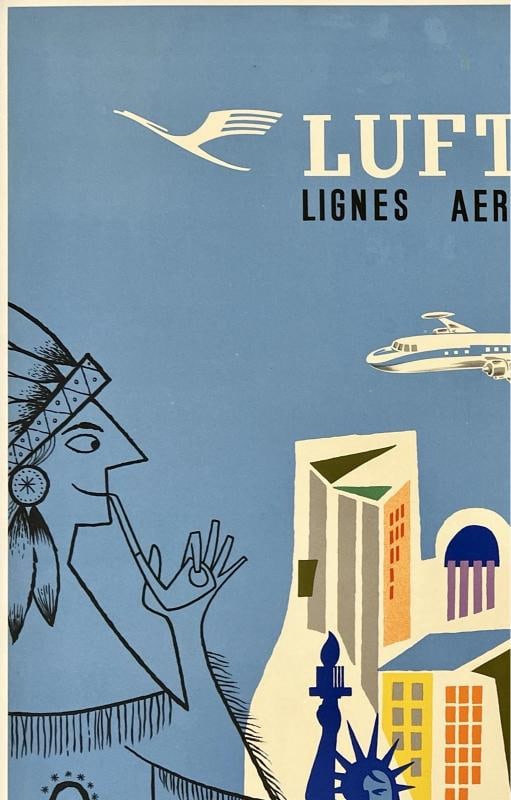 Original Vintage Poster LUFTHANSA PARIS NEW YORK Airline Travel Tourism LINEN - 2
