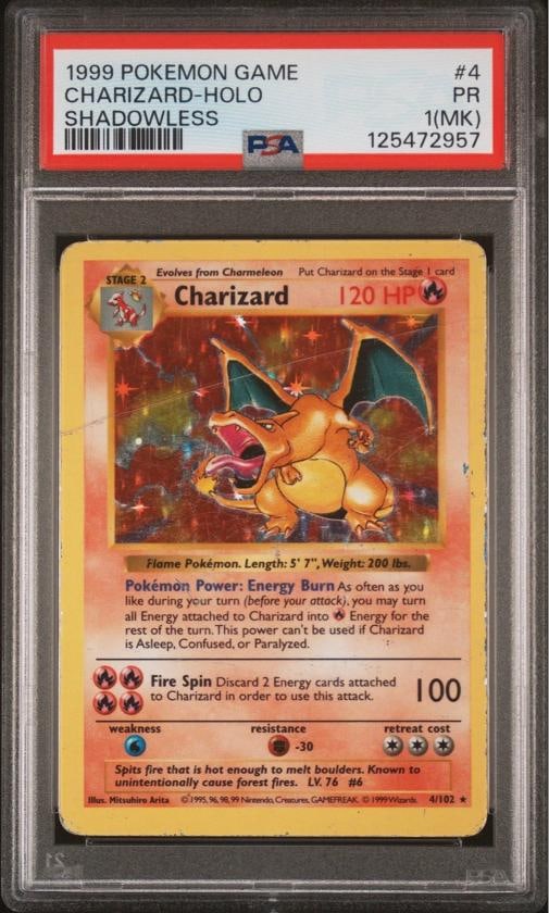 1999 POKEMON BASE SET SHADOWLESS #4 CHARIZARD-HOLO PSA 1 (MK): Condition: Graded - PSA 1: Professionally graded,Convention/Event: PokÃƒÂ©mon League,Card Size: Standard,Attribute/MTG:Color: Fire,Autographed: No,Set: Base Set (Shadowless),Signed