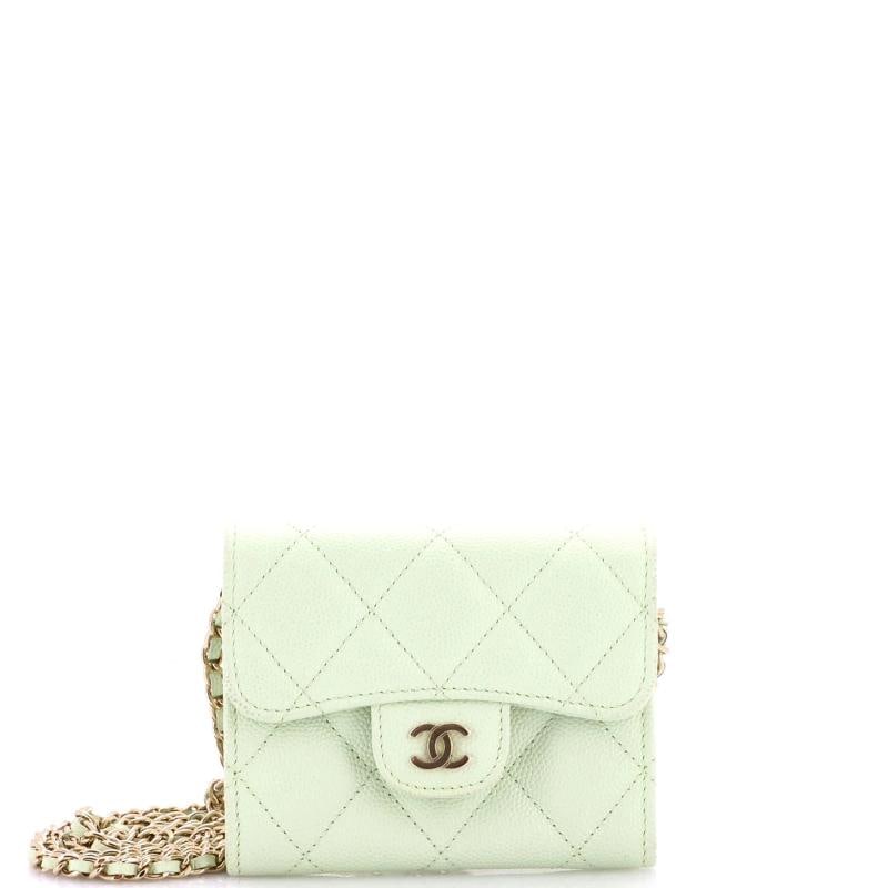 Chanel Classic Flap Card Holder on Chain Quilted Caviar Mini: Condition: Pre-owned - Excellent,Brand: Chanel,Exterior Material: Leather,Style: Clutches,Exterior Color: Green,Department: Women,Size: Mini,Accessories: Dust Bag