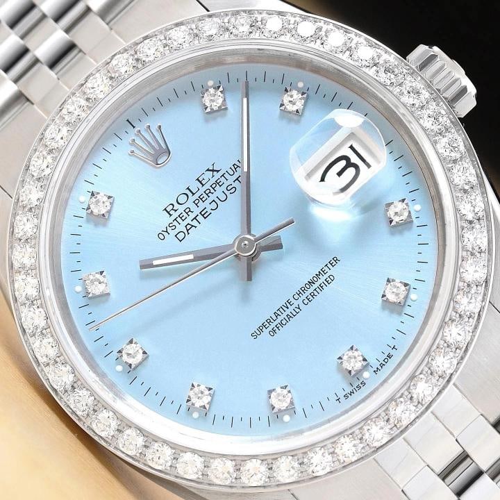 ROLEX DATEJUST 16234 FACTORY DIAMOND 1.6 CT BEZEL 18K GOLD STEEL ICE BLUE WATCH: This is an authentic Rolex Datejust 16234 watch with Rolex stainless steel jubilee bracelet, factory Rolex diamond dial Ref., and custom 18K white gold 1.6 CT diamond bezel. Descriptions: Brand: Rolex