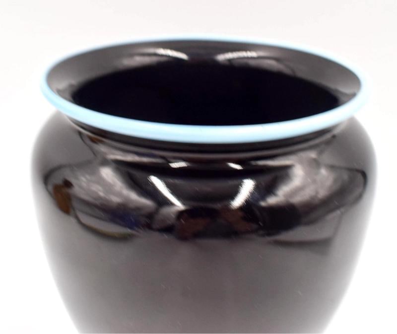 Steuben Art Glass Vase Mirror Black w/Light Blue Jade Rim - Polished Pontil - 3