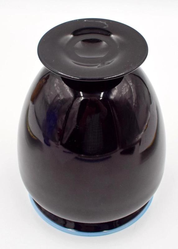 Steuben Art Glass Vase Mirror Black w/Light Blue Jade Rim - Polished Pontil - 6