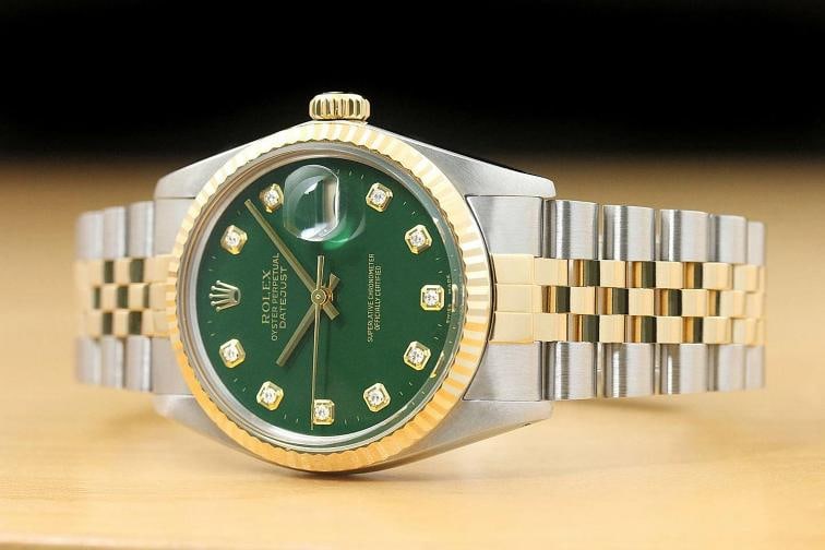 ROLEX MENS DATEJUST 16013 GREEN 18K YELLOW GOLD STEEL QUICKSET DIAMOND WATCH - 2