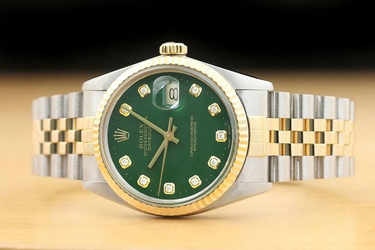 ROLEX MENS DATEJUST 16013 GREEN 18K YELLOW GOLD STEEL QUICKSET DIAMOND WATCH - 3