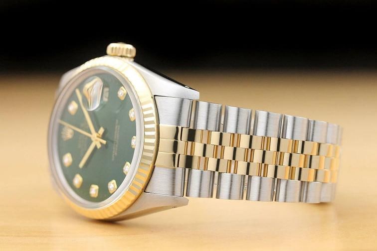ROLEX MENS DATEJUST 16013 GREEN 18K YELLOW GOLD STEEL QUICKSET DIAMOND WATCH - 4