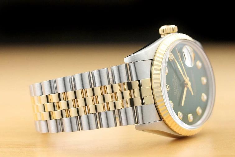 ROLEX MENS DATEJUST 16013 GREEN 18K YELLOW GOLD STEEL QUICKSET DIAMOND WATCH - 7