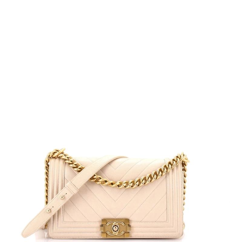 Chanel Boy Flap Bag Chevron Caviar Old Medium: Condition: Pre-owned - Good,Brand: Chanel,Exterior Material: Leather,Style: Shoulder Bags,Exterior Color: Neutral,Department: Women,Size: Old Medium,Accessories: Authenticity Card