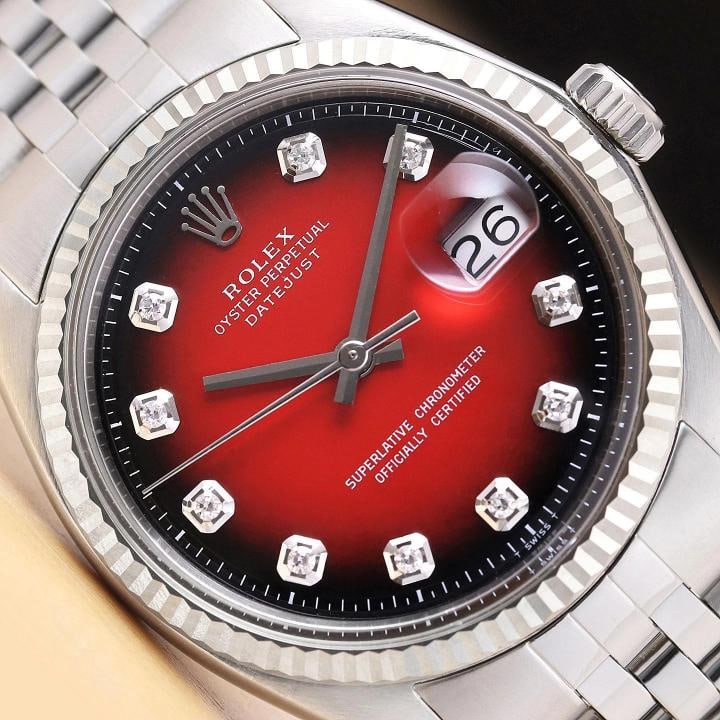 ROLEX MENS DATEJUST RED VIGNETTE DIAMOND DIAL 18K GOLD SS WATCH w/ FOLDED BAND: Condition: Pre-owned - Excellent,Bezel Color: Silver,Max Wrist Size: 7.26-7.5 in,Number of Jewels: 26 Jewels,Indices: Diamond Markers, 12-Hour Dial,Bezel: Rolex 18K White Gold Fluted Bezel,Band/Strap: