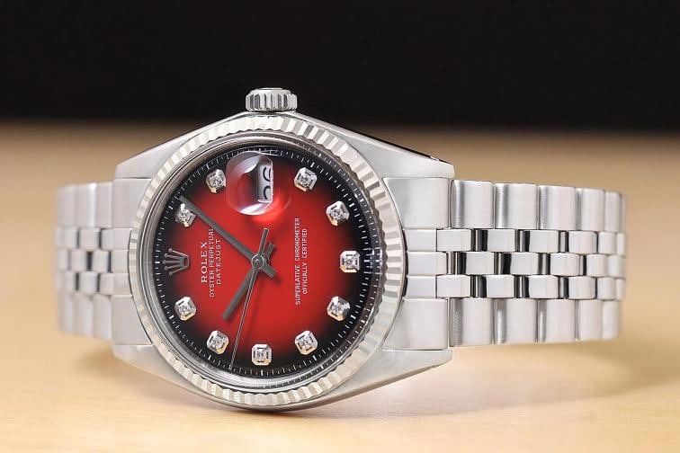 ROLEX MENS DATEJUST RED VIGNETTE DIAMOND DIAL 18K GOLD SS WATCH w/ FOLDED BAND - 2