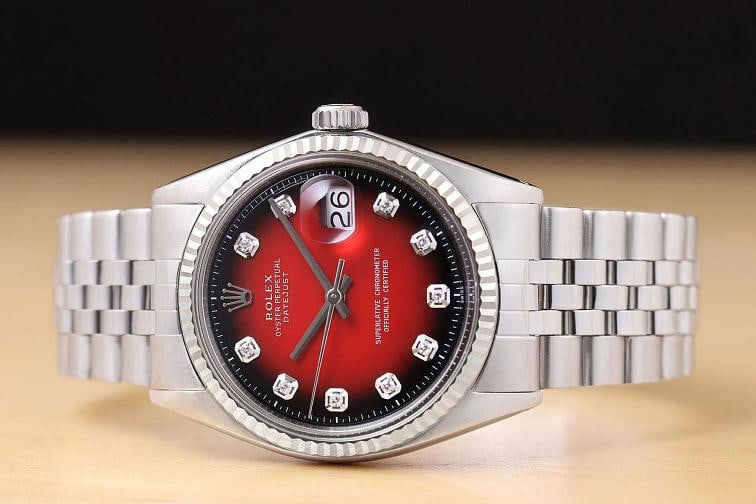 ROLEX MENS DATEJUST RED VIGNETTE DIAMOND DIAL 18K GOLD SS WATCH w/ FOLDED BAND - 3