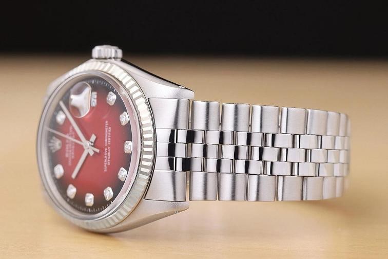 ROLEX MENS DATEJUST RED VIGNETTE DIAMOND DIAL 18K GOLD SS WATCH w/ FOLDED BAND - 4