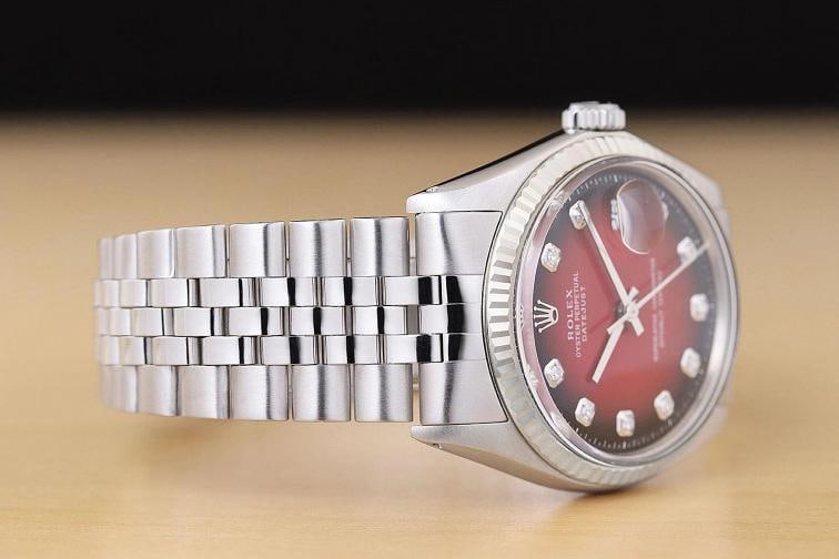 ROLEX MENS DATEJUST RED VIGNETTE DIAMOND DIAL 18K GOLD SS WATCH w/ FOLDED BAND - 7