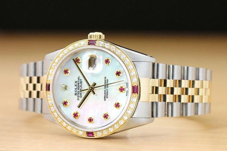ROLEX MENS DATEJUST 16013 MOP DIAMOND RUBY 18K YELLOW GOLD/SS WATCH - 2
