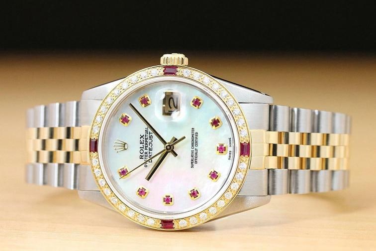 ROLEX MENS DATEJUST 16013 MOP DIAMOND RUBY 18K YELLOW GOLD/SS WATCH - 3
