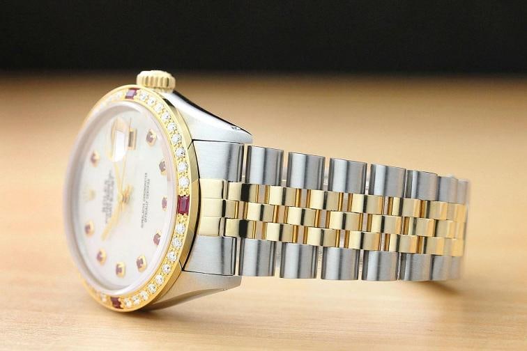 ROLEX MENS DATEJUST 16013 MOP DIAMOND RUBY 18K YELLOW GOLD/SS WATCH - 4