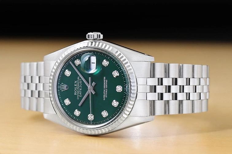 ROLEX MENS DATEJUST 1601 18K WHITE GOLD STEEL GREEN DIAMOND FOLDED JUBILEE WATCH - 2