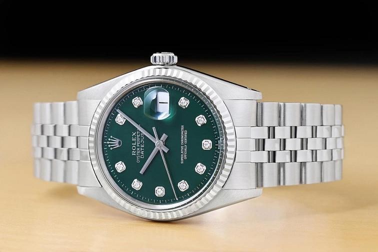 ROLEX MENS DATEJUST 1601 18K WHITE GOLD STEEL GREEN DIAMOND FOLDED JUBILEE WATCH - 3