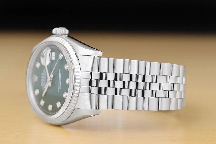 ROLEX MENS DATEJUST 1601 18K WHITE GOLD STEEL GREEN DIAMOND FOLDED JUBILEE WATCH - 4