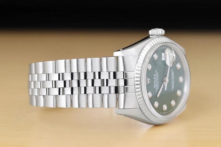 ROLEX MENS DATEJUST 1601 18K WHITE GOLD STEEL GREEN DIAMOND FOLDED JUBILEE WATCH - 7