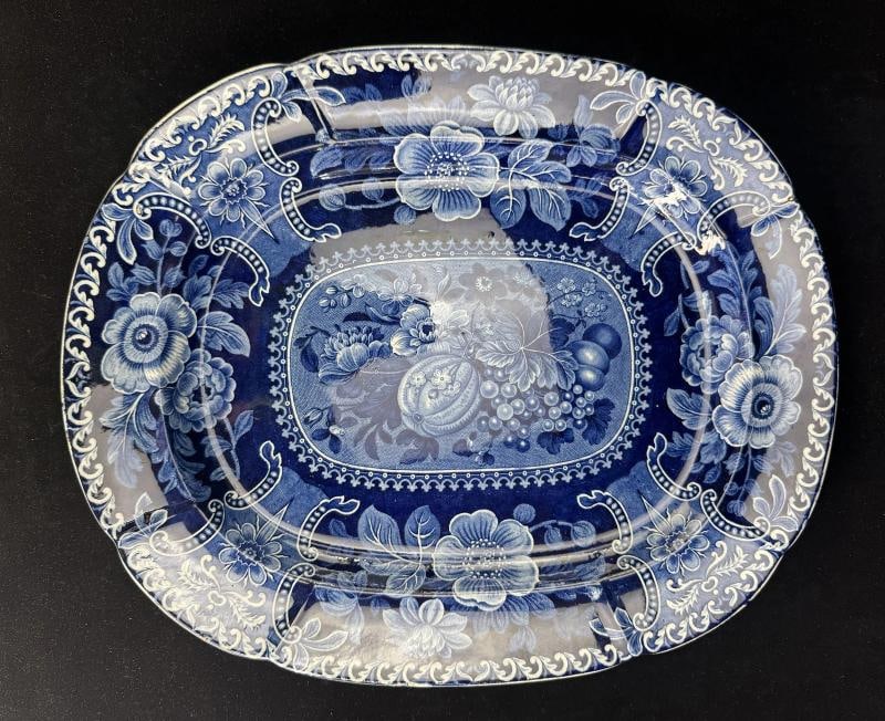 Antique English Flow Blue Pottery Platter, Fruit and Floral, Circa 1825 to 1845 - 2