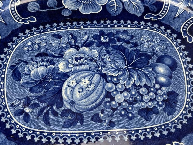 Antique English Flow Blue Pottery Platter, Fruit and Floral, Circa 1825 to 1845 - 5