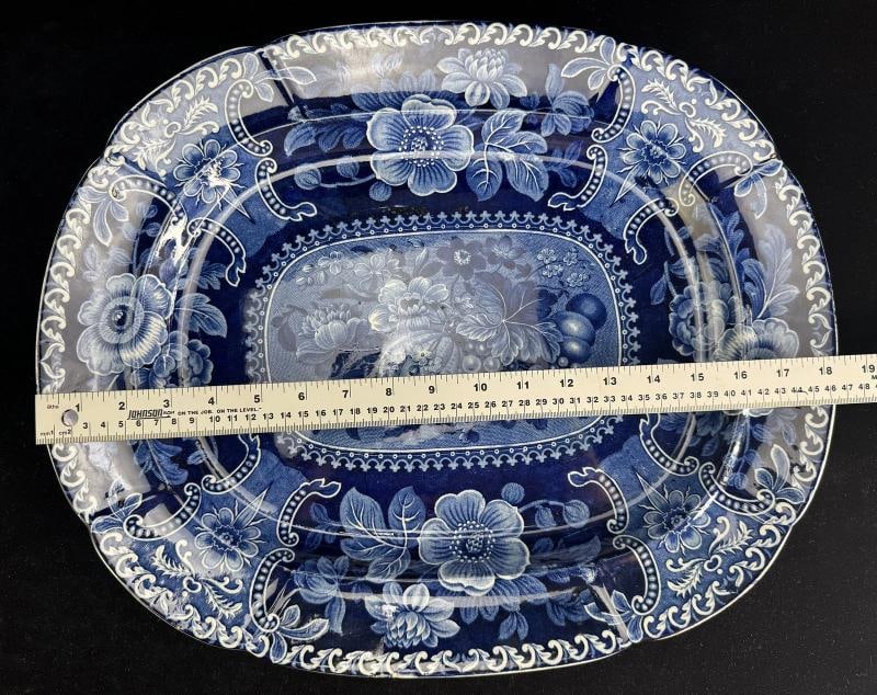Antique English Flow Blue Pottery Platter, Fruit and Floral, Circa 1825 to 1845 - 8