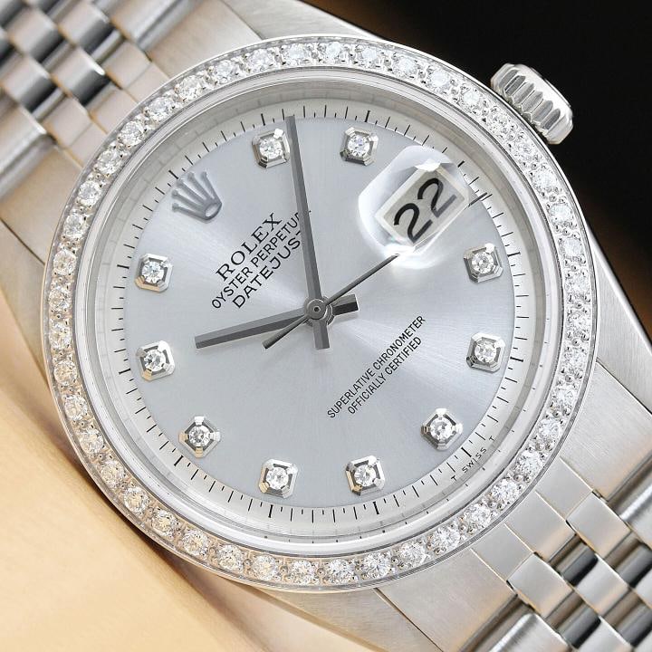 MENS ROLEX DATEJUST SILVER DIAMOND 18K WHITE GOLD & STAINLESS STEEL WATCH: Condition: Pre-owned - Excellent,Bezel Color: Silver,Max Wrist Size: 7.26-7.5 in,Number of Jewels: 26 Jewels,Indices: Diamond Markers, 12-Hour Dial,Bezel: Custom 18K White Gold Diamond
