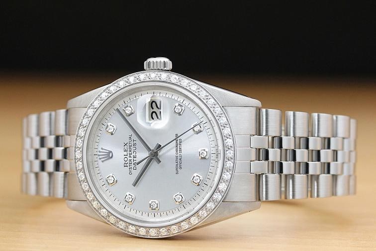 MENS ROLEX DATEJUST SILVER DIAMOND 18K WHITE GOLD & STAINLESS STEEL WATCH - 2