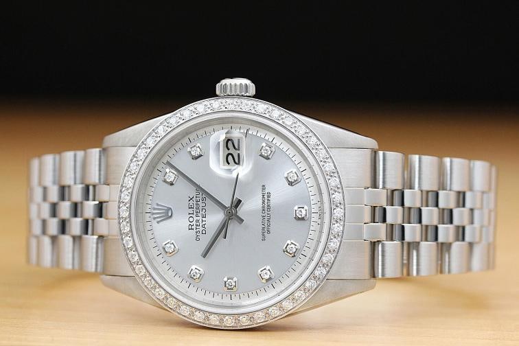MENS ROLEX DATEJUST SILVER DIAMOND 18K WHITE GOLD & STAINLESS STEEL WATCH - 3