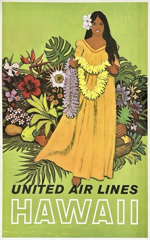 Original Vintage Poster HAWAII UNITED AIR LINES Airline Travel Galli Hula LINEN (1 of 5)