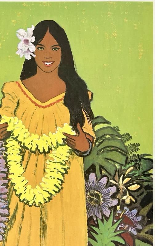 Original Vintage Poster HAWAII UNITED AIR LINES Airline Travel Galli Hula LINEN - 3
