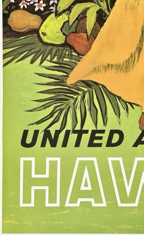 Original Vintage Poster HAWAII UNITED AIR LINES Airline Travel Galli Hula LINEN - 4