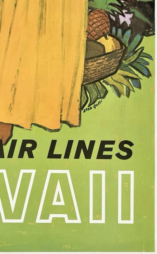 Original Vintage Poster HAWAII UNITED AIR LINES Airline Travel Galli Hula LINEN - 5