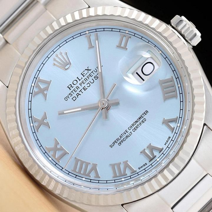 ROLEX MENS DATEJUST 16014 ICE BLUE ROMAN DIAL 18K WHITE GOLD STEEL OYSTER WATCH: Condition: Pre-owned - Excellent,Brand: Rolex,Department: Men's,Style: Dress/Formal, Luxury: Dress Styles,Features: 12-Hour Dial, Acrylic Crystal, Chronometer, Screwdown Crown, Seconds Hand,
