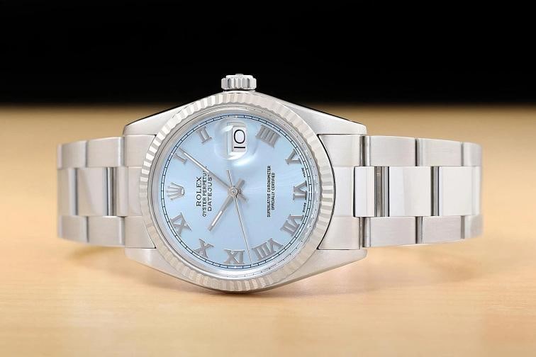 ROLEX MENS DATEJUST 16014 ICE BLUE ROMAN DIAL 18K WHITE GOLD STEEL OYSTER WATCH - 3
