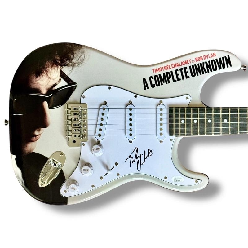 Timothee Chalamet Signed Guitar Custom JSA COA Bob Dylan Timothy Chalamet: Industry: Music,Signed: Yes,Autograph Authentication: James Spence (JSA),Object Type: Guitar & Guitar Pick,Original/Reproduction: Original,Country of Origin: United States
