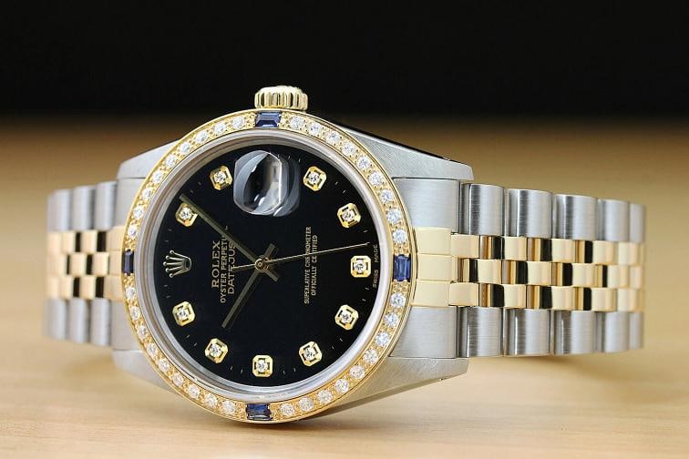 ROLEX MENS DATEJUST 16013 BLACK 18K YELLOW GOLD DIAMOND SAPPHIRE JUBILEE WATCH - 2