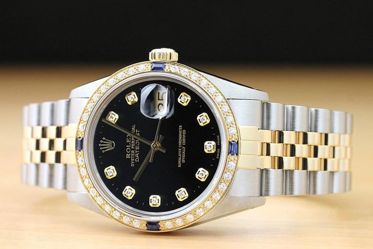 ROLEX MENS DATEJUST 16013 BLACK 18K YELLOW GOLD DIAMOND SAPPHIRE JUBILEE WATCH - 3