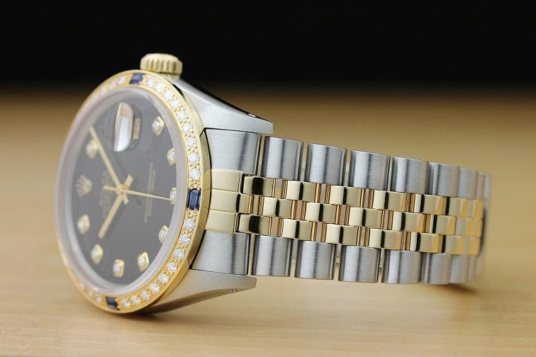 ROLEX MENS DATEJUST 16013 BLACK 18K YELLOW GOLD DIAMOND SAPPHIRE JUBILEE WATCH - 4