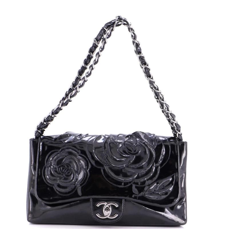 Chanel Tweed Petals Camellia Flap Bag Patent Medium: Condition: Pre-owned - Good,Brand: Chanel,Exterior Material: Patent Leather,Style: Shoulder Bags,Exterior Color: Black,Department: Women,Size: Medium Condition: Good. Exterior: fraying on flap flower