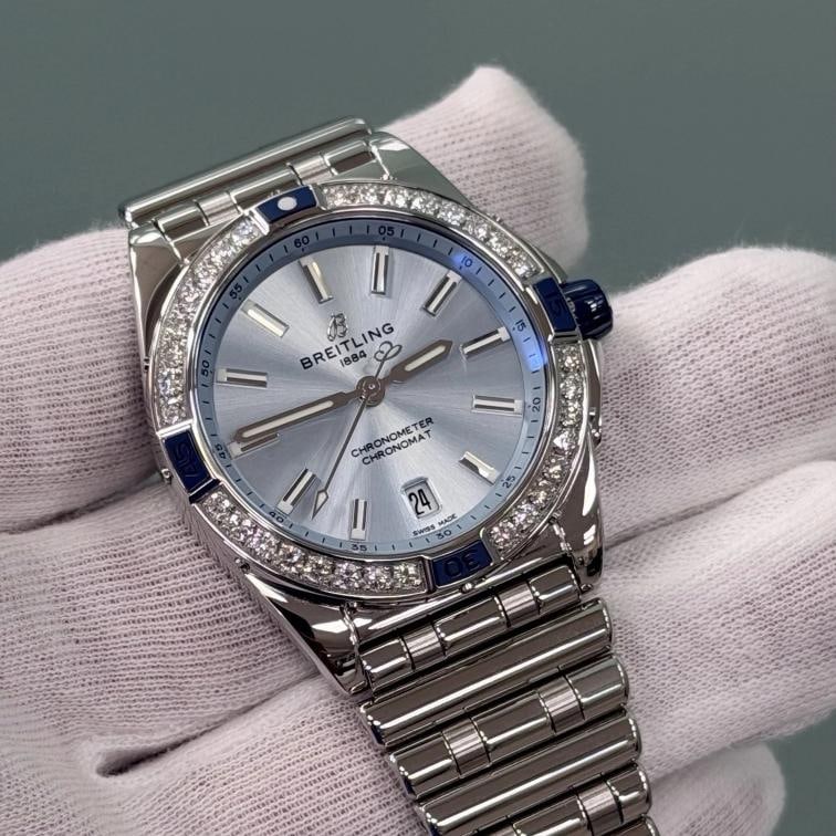 Breitling Super Chronomat A17356 38mm Diamond Bezel Blue Dial Steel Box Booklet - 3