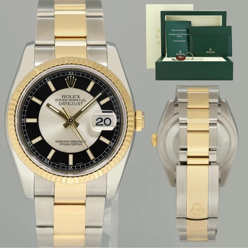 MINT Rolex DateJust Oyster Two Tone Yellow Gold Steel Black Tuxedo 36mm 116233: Condition: Pre-owned - Excellent,Brand: Rolex,Department: Unisex Adults,Type: Wristwatch,Model: DateJust,Reference Number: 116233,With Original Box/Packaging: Yes,With Papers: No,Customized: No,UPC: D