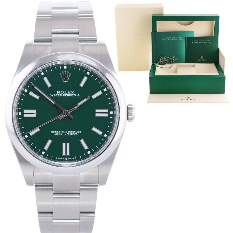2024 MINT Rolex 124300 Oyster Perpetual 41mm Green Dial Oyster Watch Box: Case & Dial Case Material: Rolex Stainless Steel Case Size: 41mm Bezel: Rolex Stainless Steel Crystal: Rolex Sapphire Dial: Rolex Green Movement & Bracelet Movement: Rolex Automatic Bracelet Design: R